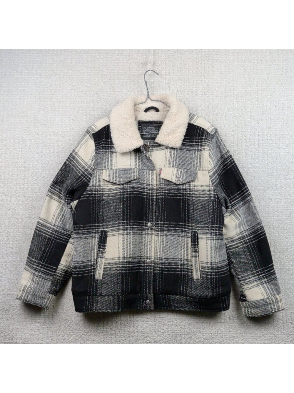 Levi's Sherpa Lined Plaid Trucker Jacket Black / White Size L Retro Vintage Fit